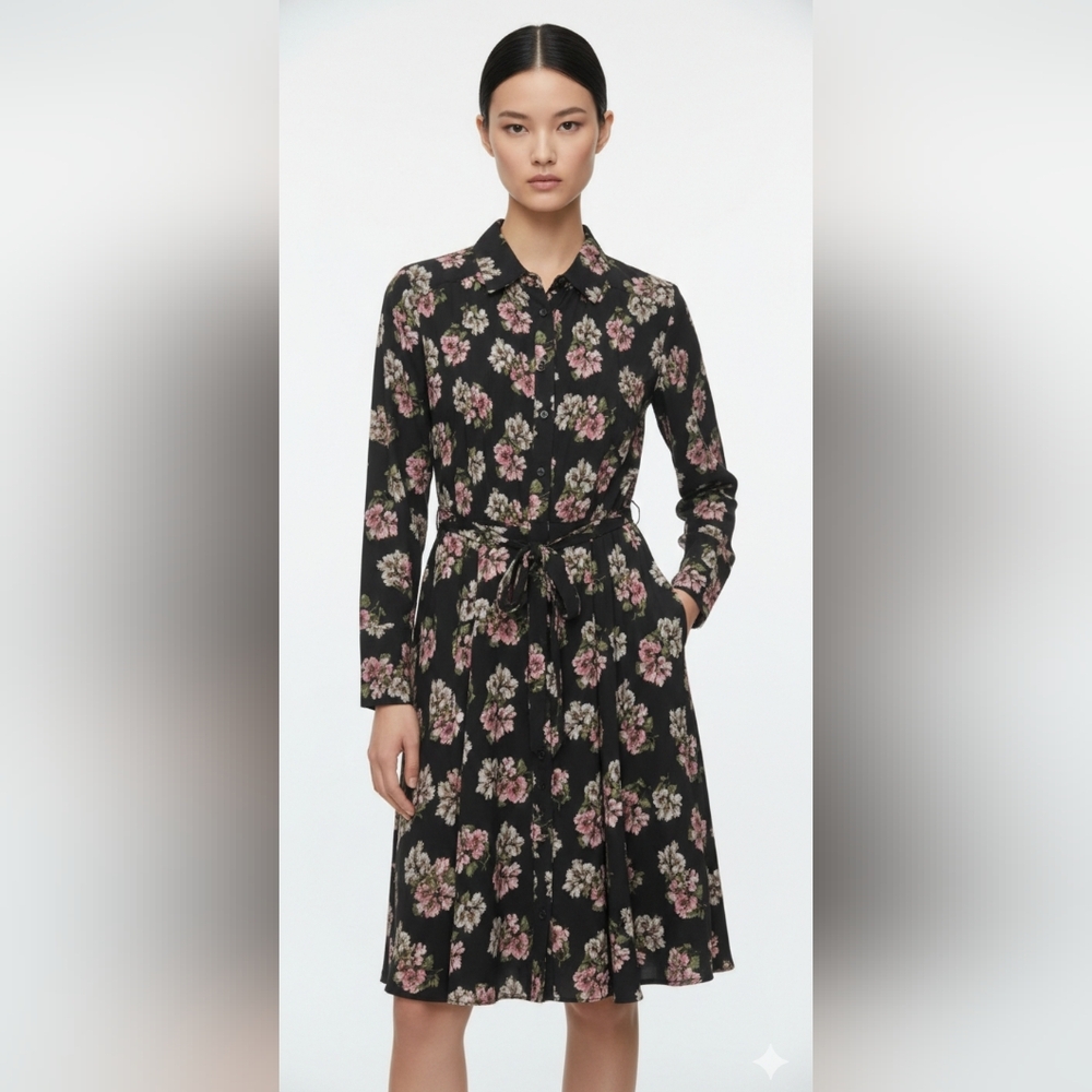 Nanette Lepore Black Shirt Dress Pintuck Coquette Cottagecore Midi Belted 8